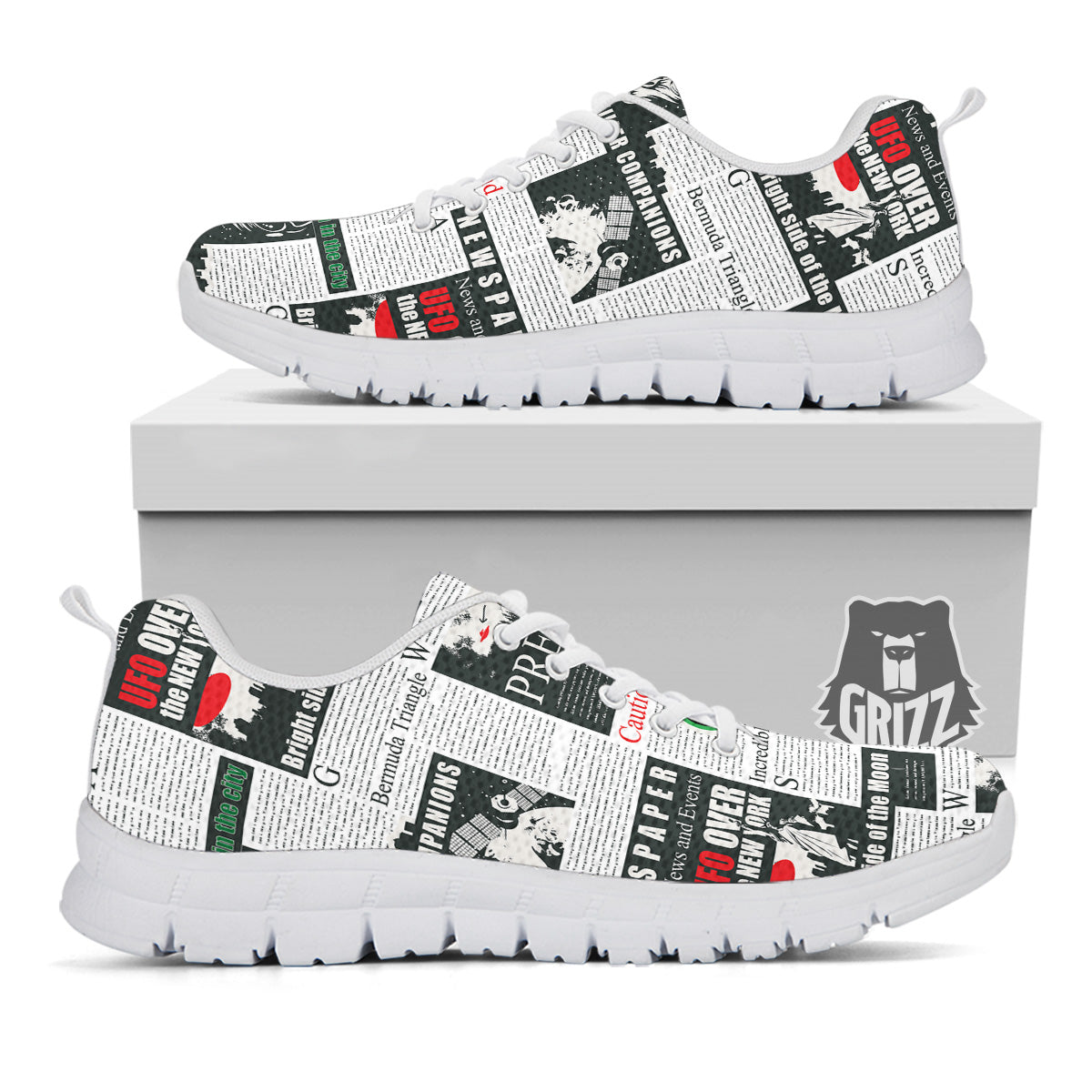 Newspaper Headlines Alien Print Pattern White Sneaker-grizzshop
