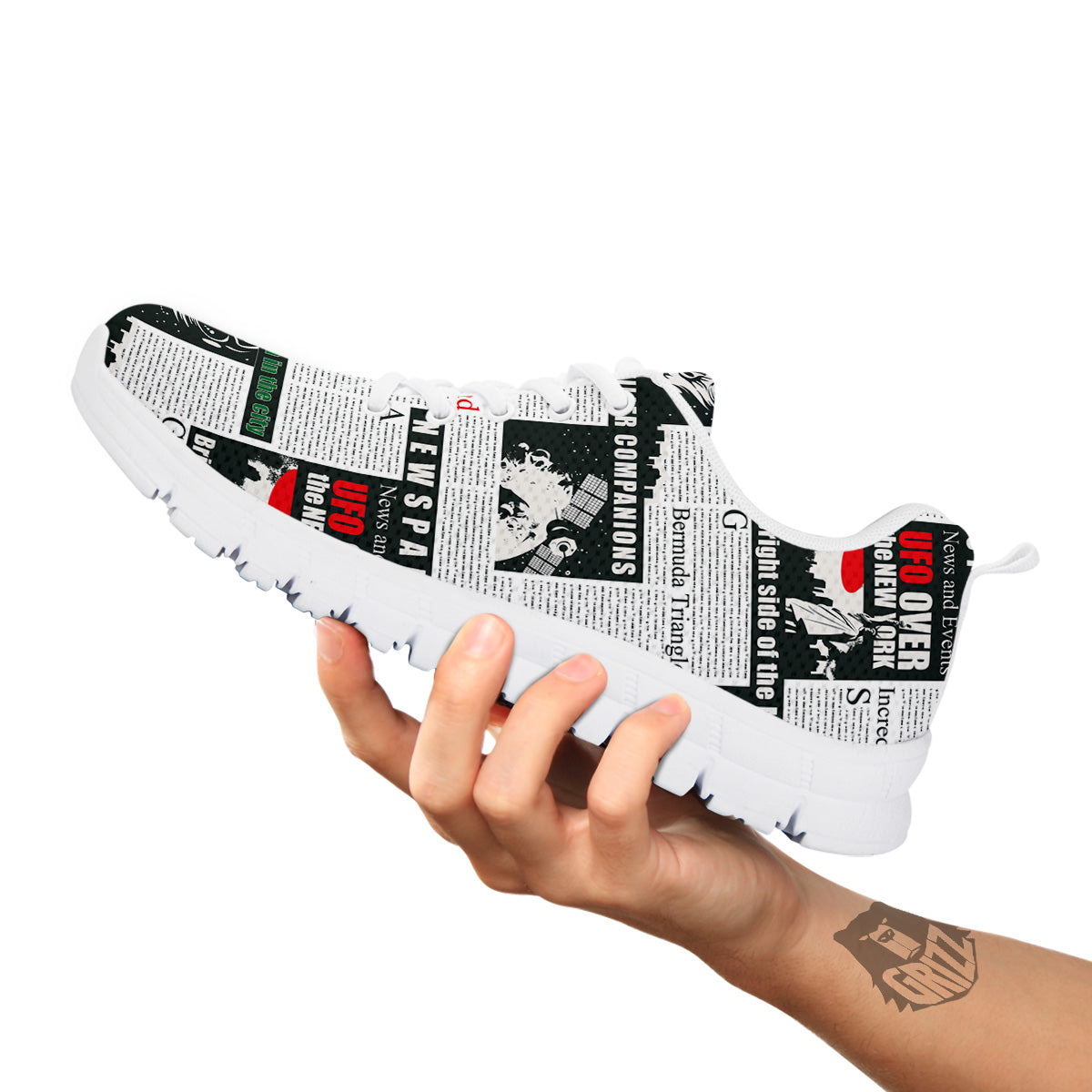 Newspaper Headlines Alien Print Pattern White Sneaker-grizzshop