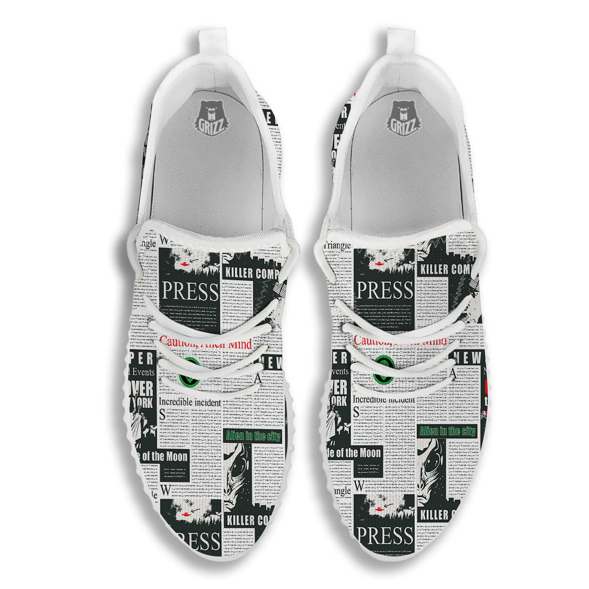 Newspaper Headlines Alien Print Pattern White Walking Shoes-grizzshop