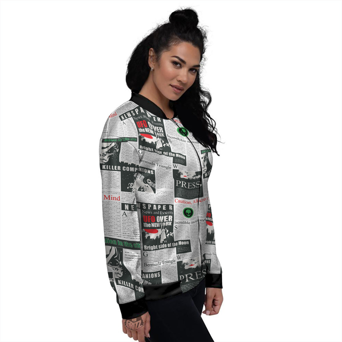 Newspaper Headlines Alien Print Pattern Women's Bomber Jacket-grizzshop