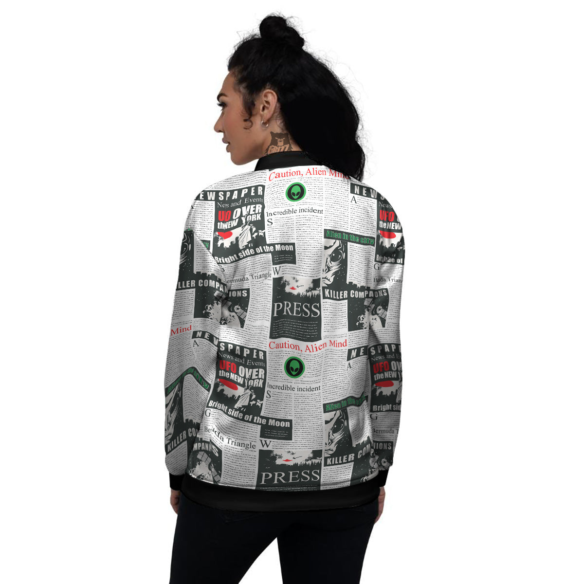 Newspaper Headlines Alien Print Pattern Women's Bomber Jacket-grizzshop