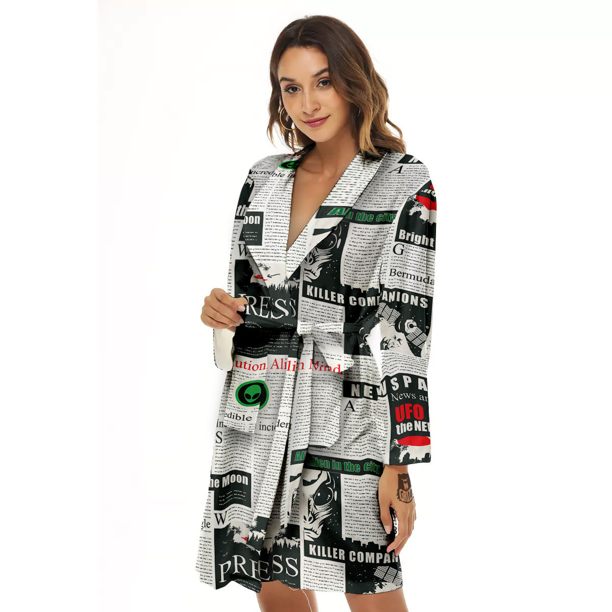 Newspaper Headlines Alien Print Pattern Women's Robe-grizzshop
