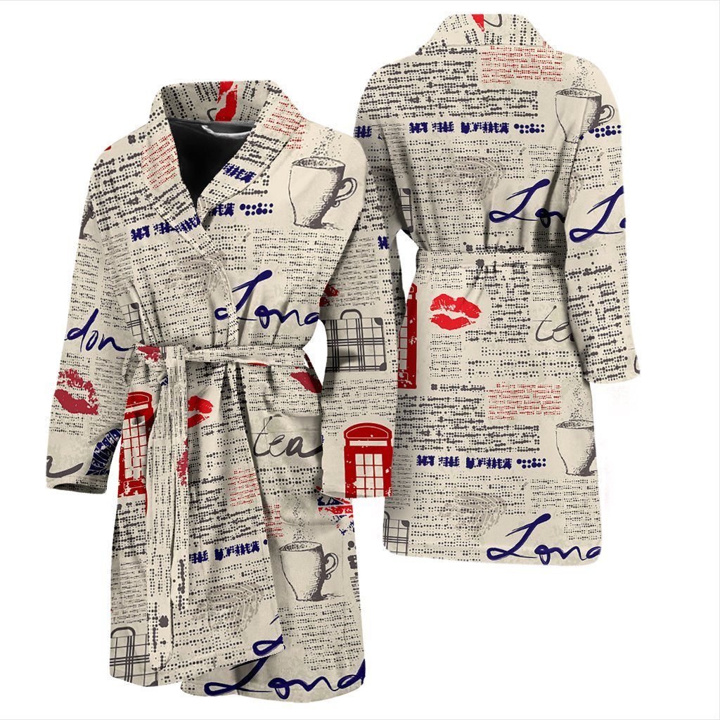 Newspaper Pattern Print Men Long Robe-grizzshop