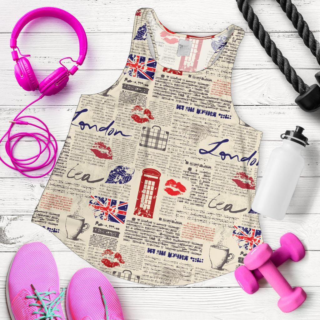 Newspaper Pattern Print Racerback Tank Tops-grizzshop