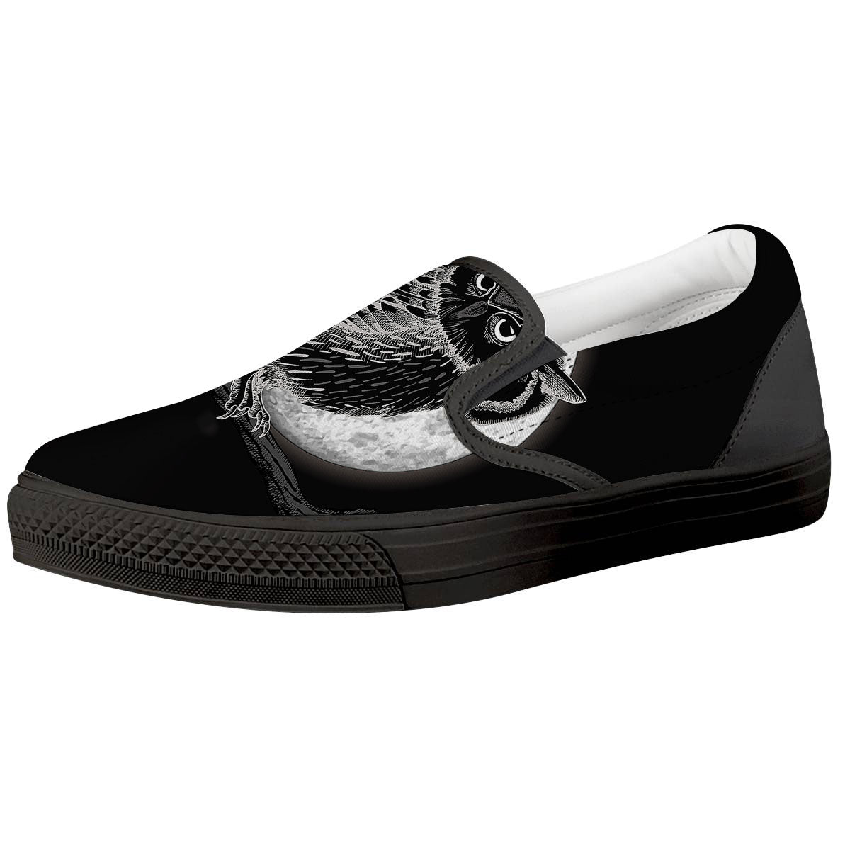 Night Owl Full Moon Print Black Slip On Shoes-grizzshop