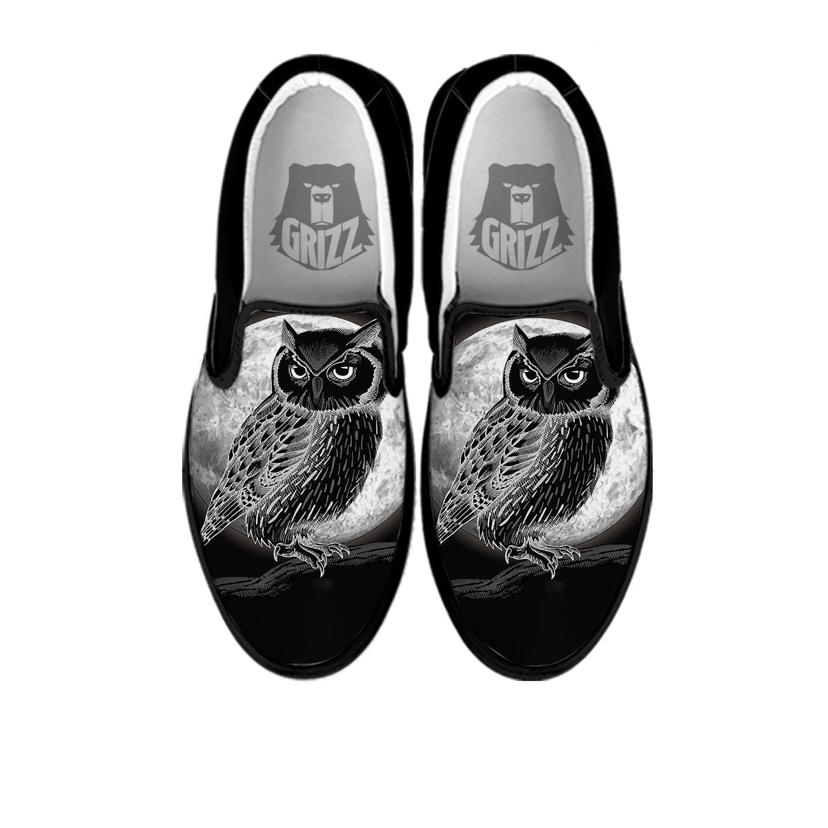 Night Owl Full Moon Print Black Slip On Shoes-grizzshop