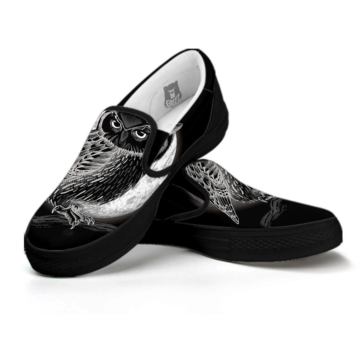 Night Owl Full Moon Print Black Slip On Shoes-grizzshop