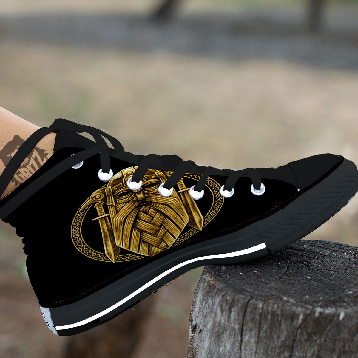 Norse God Odin Gold Viking Print Black High Top Shoes-grizzshop