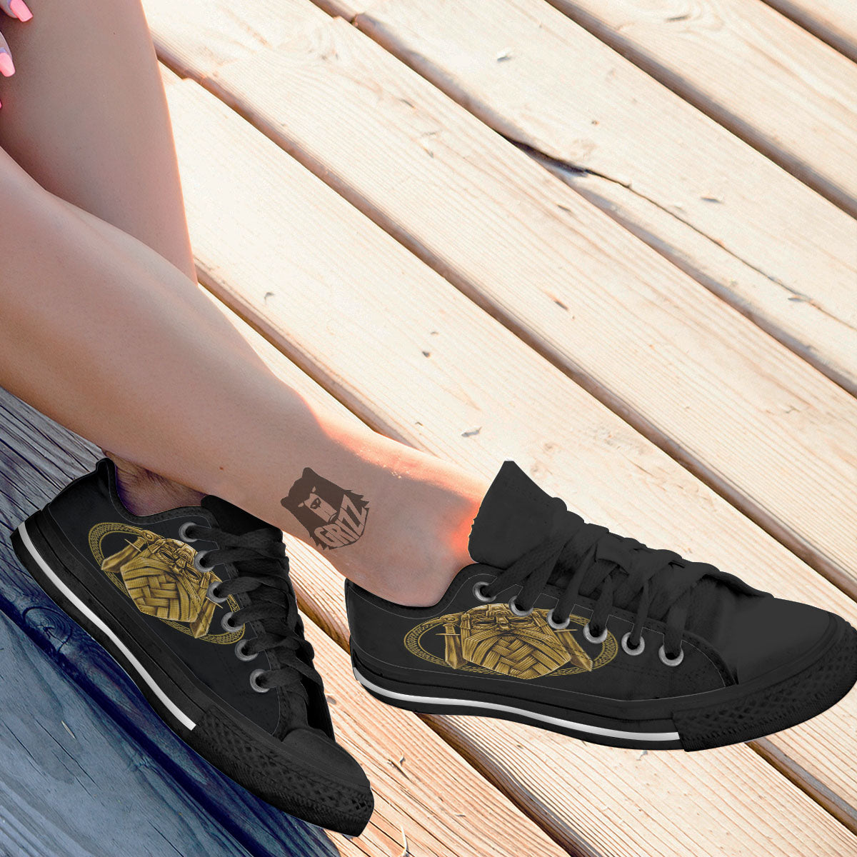 Norse God Odin Gold Viking Print Black Low Top Shoes-grizzshop