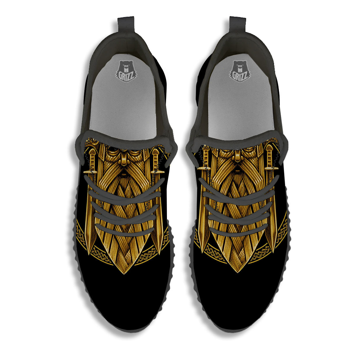 Norse God Odin Gold Viking Print Black Walking Shoes-grizzshop