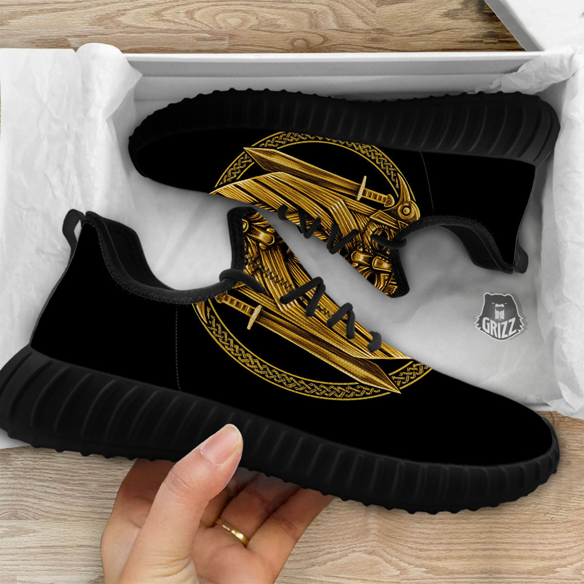 Norse God Odin Gold Viking Print Black Walking Shoes-grizzshop