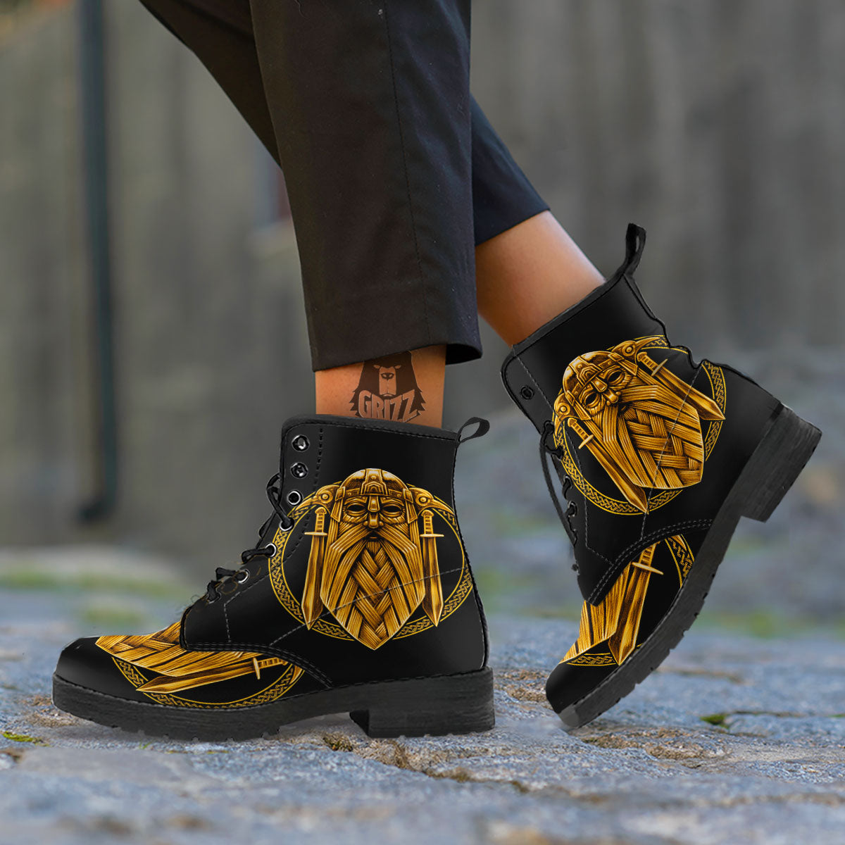 Norse God Odin Gold Viking Print Leather Boots-grizzshop