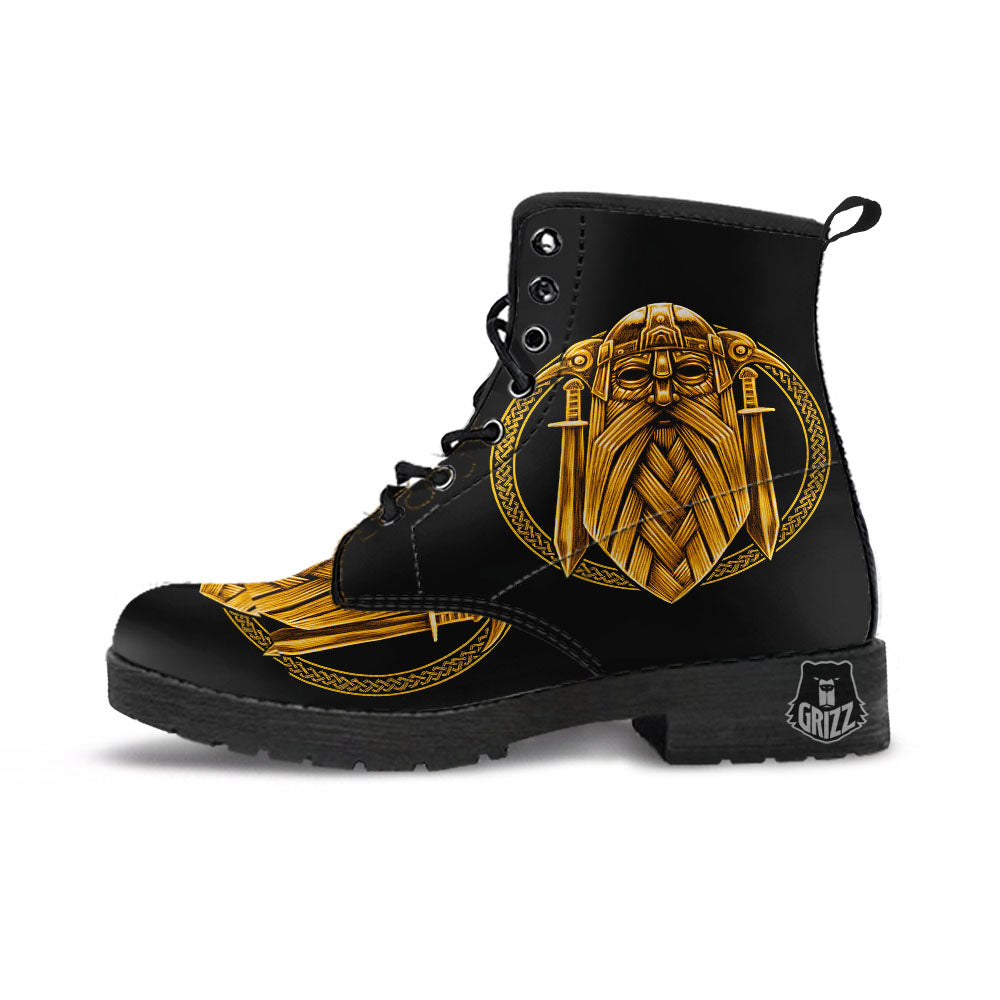 Norse God Odin Gold Viking Print Leather Boots-grizzshop