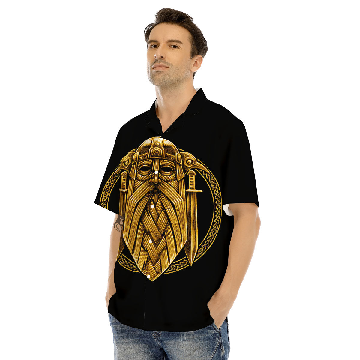 Norse God Odin Gold Viking Print Men's Hawaiian Shirt-grizzshop