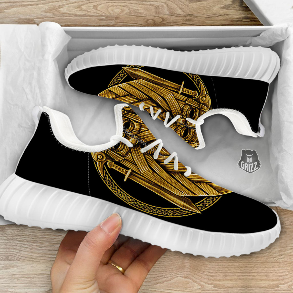 Norse God Odin Gold Viking Print White Walking Shoes-grizzshop