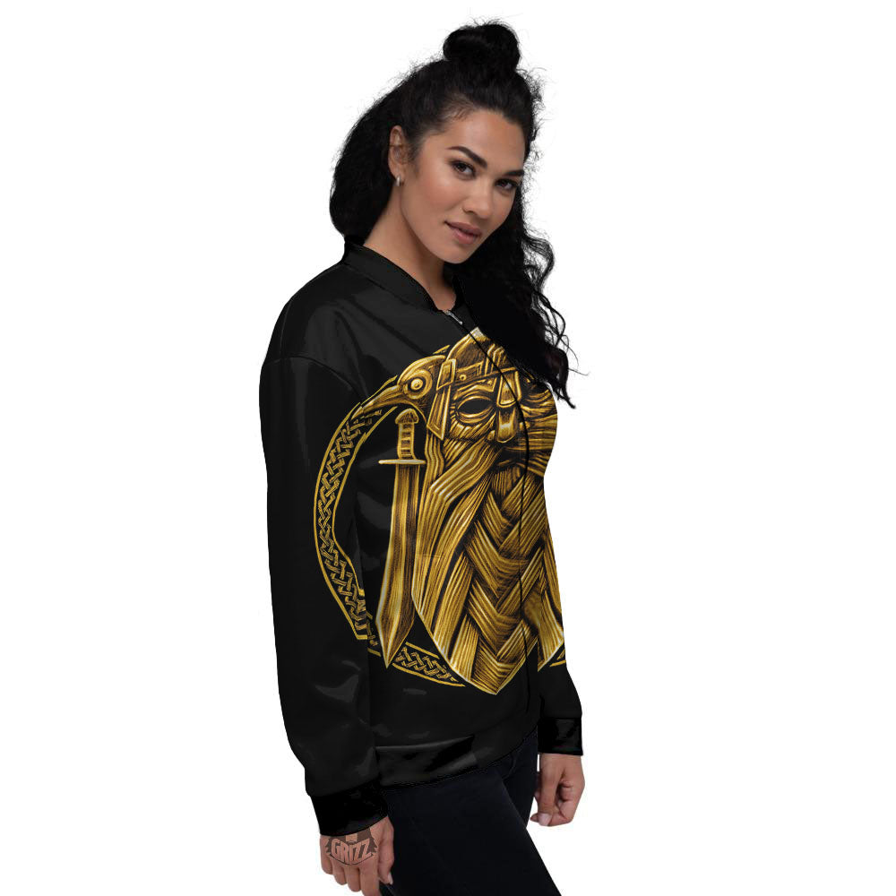 Norse God Odin Gold Viking Print Women's Bomber Jacket-grizzshop
