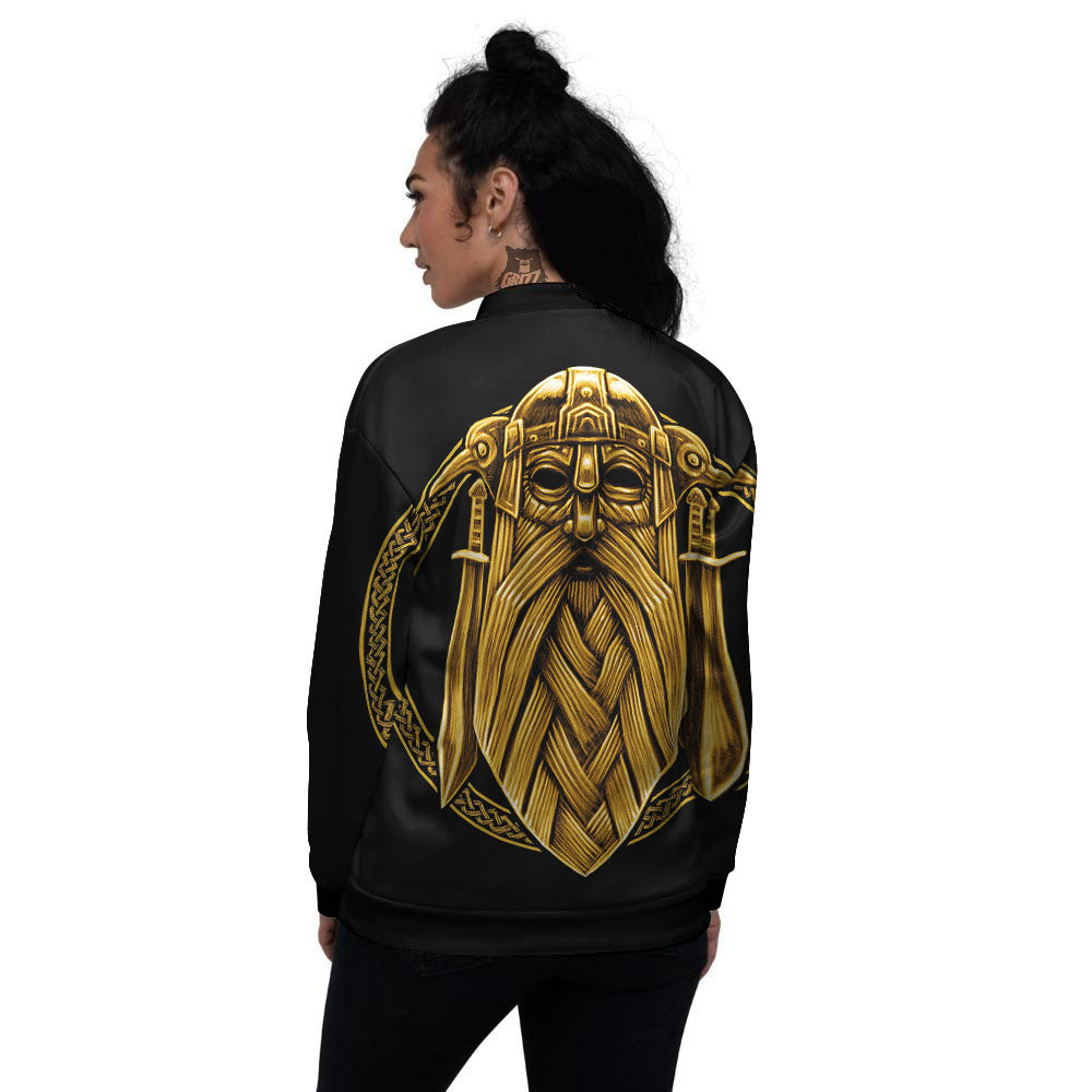 Norse God Odin Gold Viking Print Women's Bomber Jacket-grizzshop