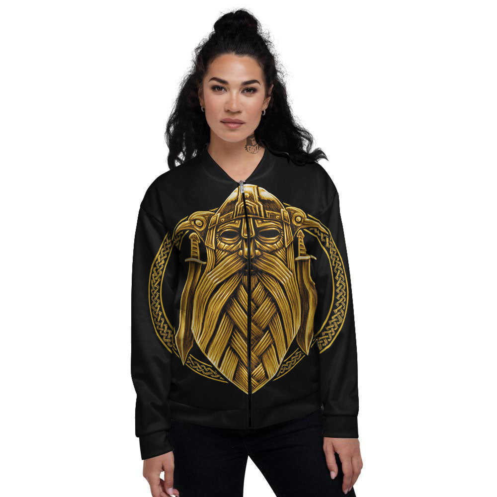 Norse God Odin Gold Viking Print Women's Bomber Jacket-grizzshop