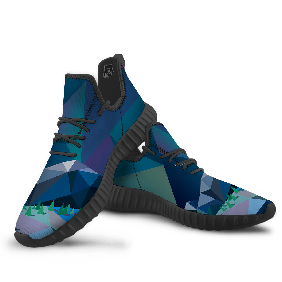 Northern Lights Geometric Polygonal Print Black Walking Shoes-grizzshop