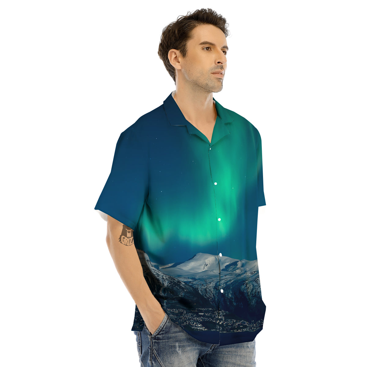 Northern Lights Print Men's Hawaiian Shirt-grizzshop