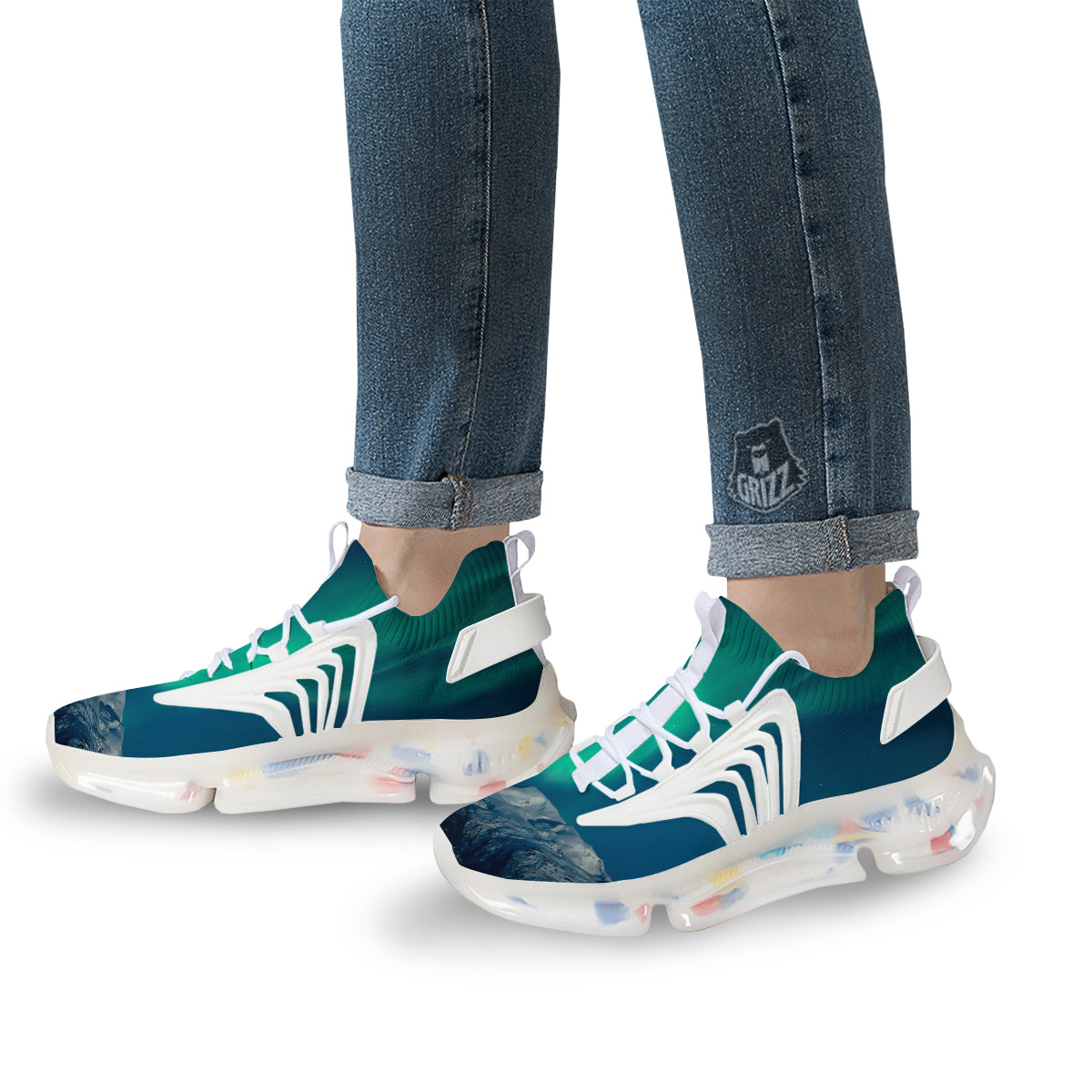 Northern Lights Print White Gym Shoes-grizzshop