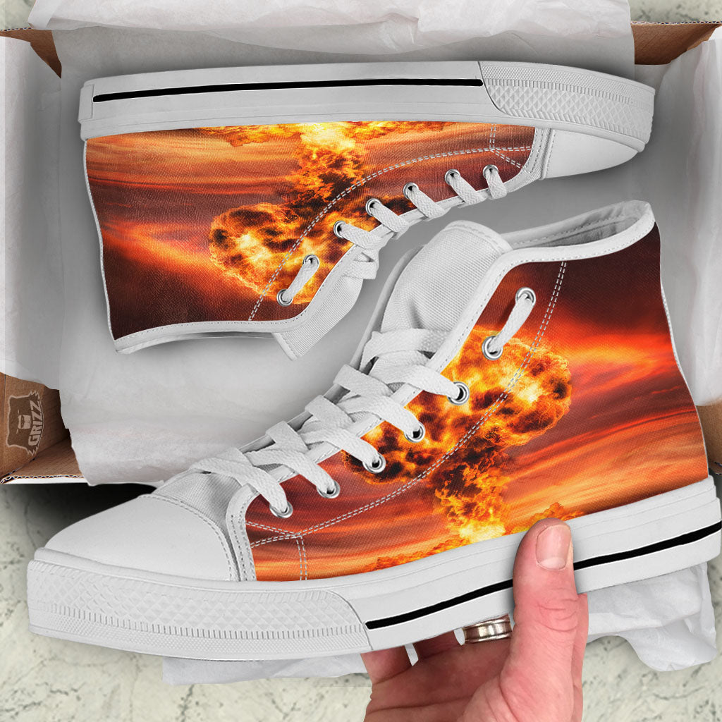 Nuclear Bomb Explosion Print White High Top Shoes-grizzshop