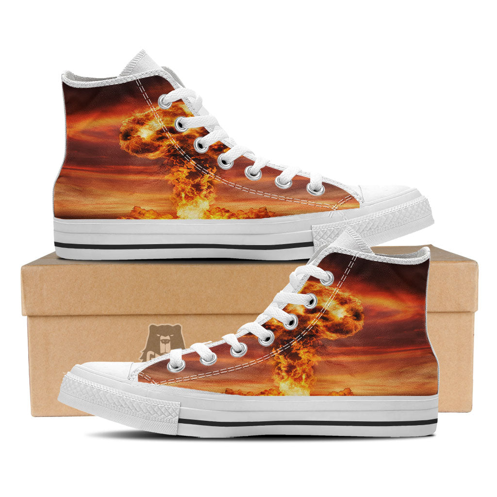 Nuclear Bomb Explosion Print White High Top Shoes-grizzshop