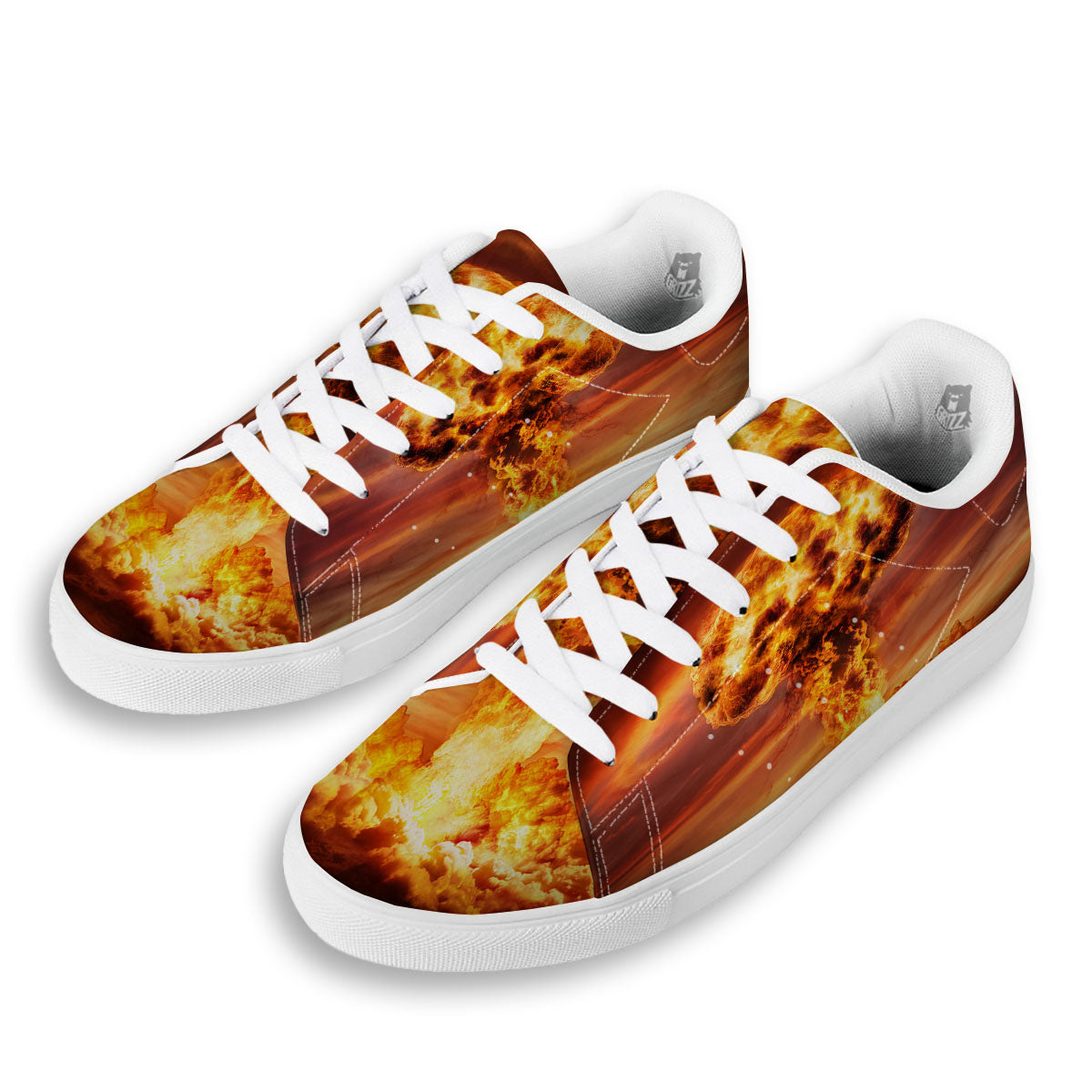 Nuclear Bomb Explosion Print White Low Top Sneakers-grizzshop