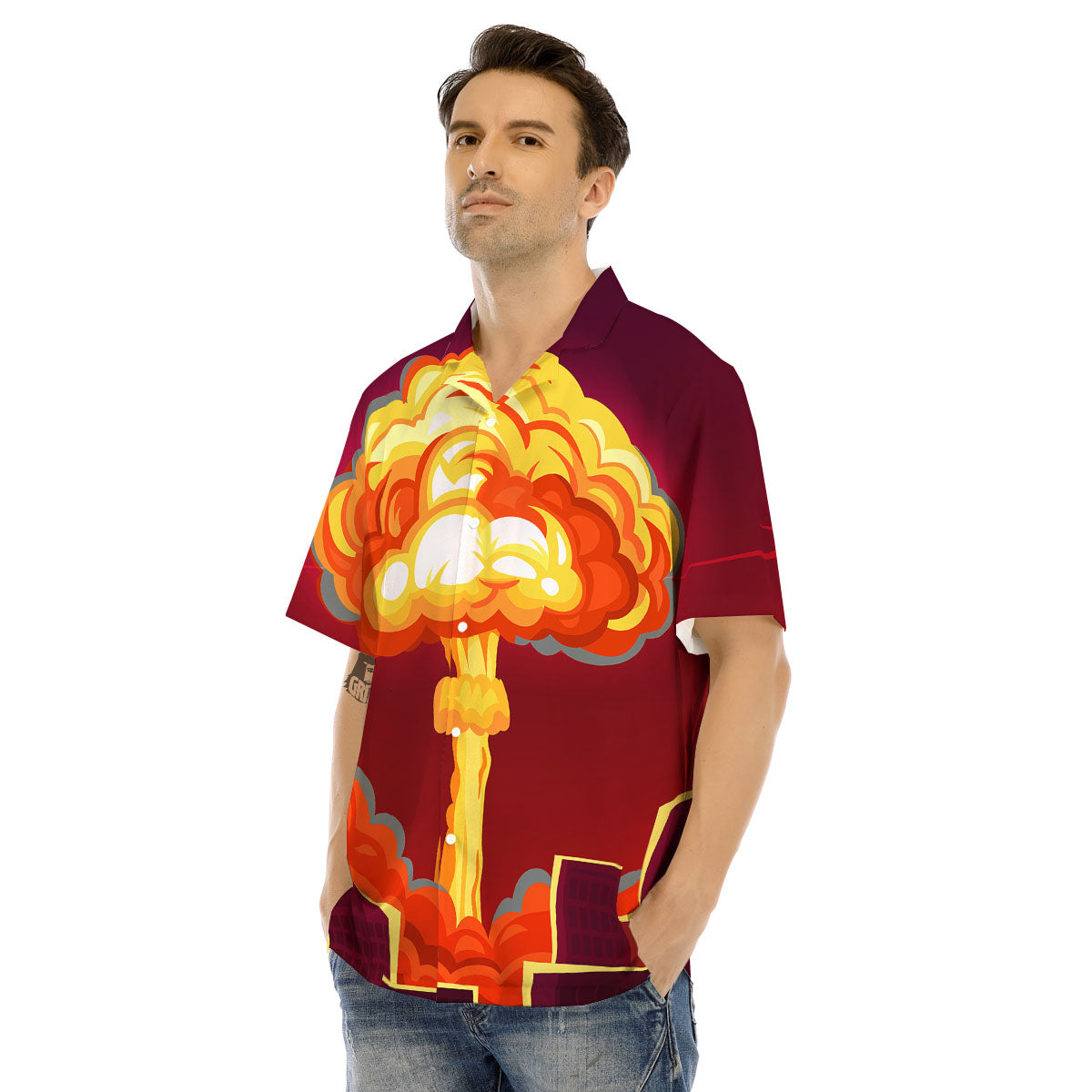 Nuclear Explosion In City Print Men's Hawaiian Shirt-grizzshop