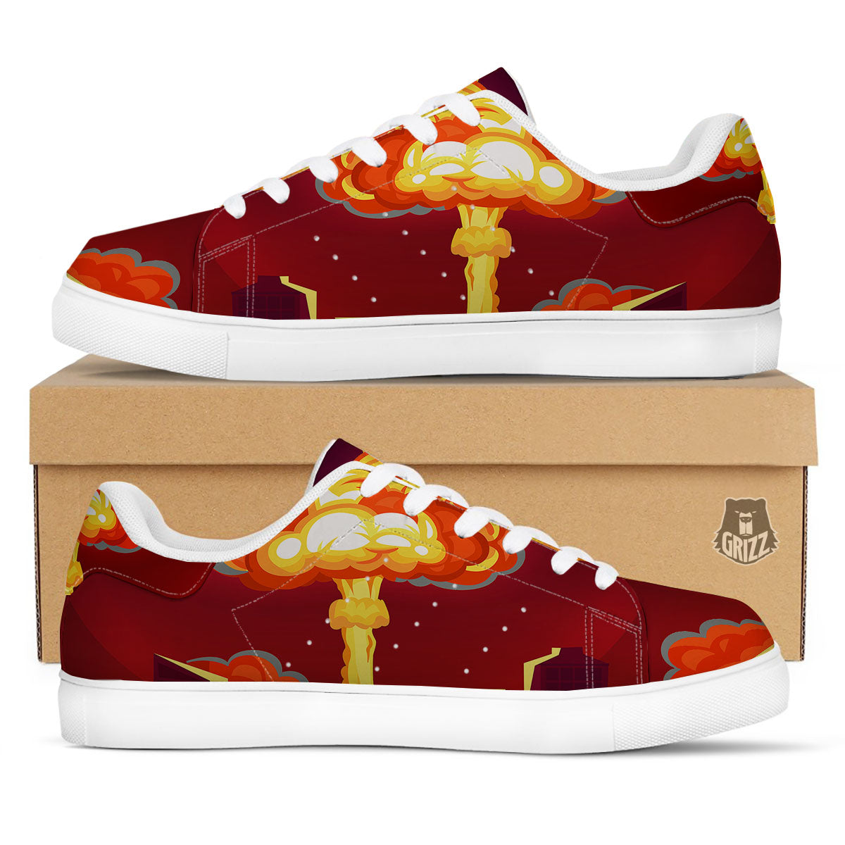 Nuclear Explosion In City Print White Low Top Sneakers-grizzshop