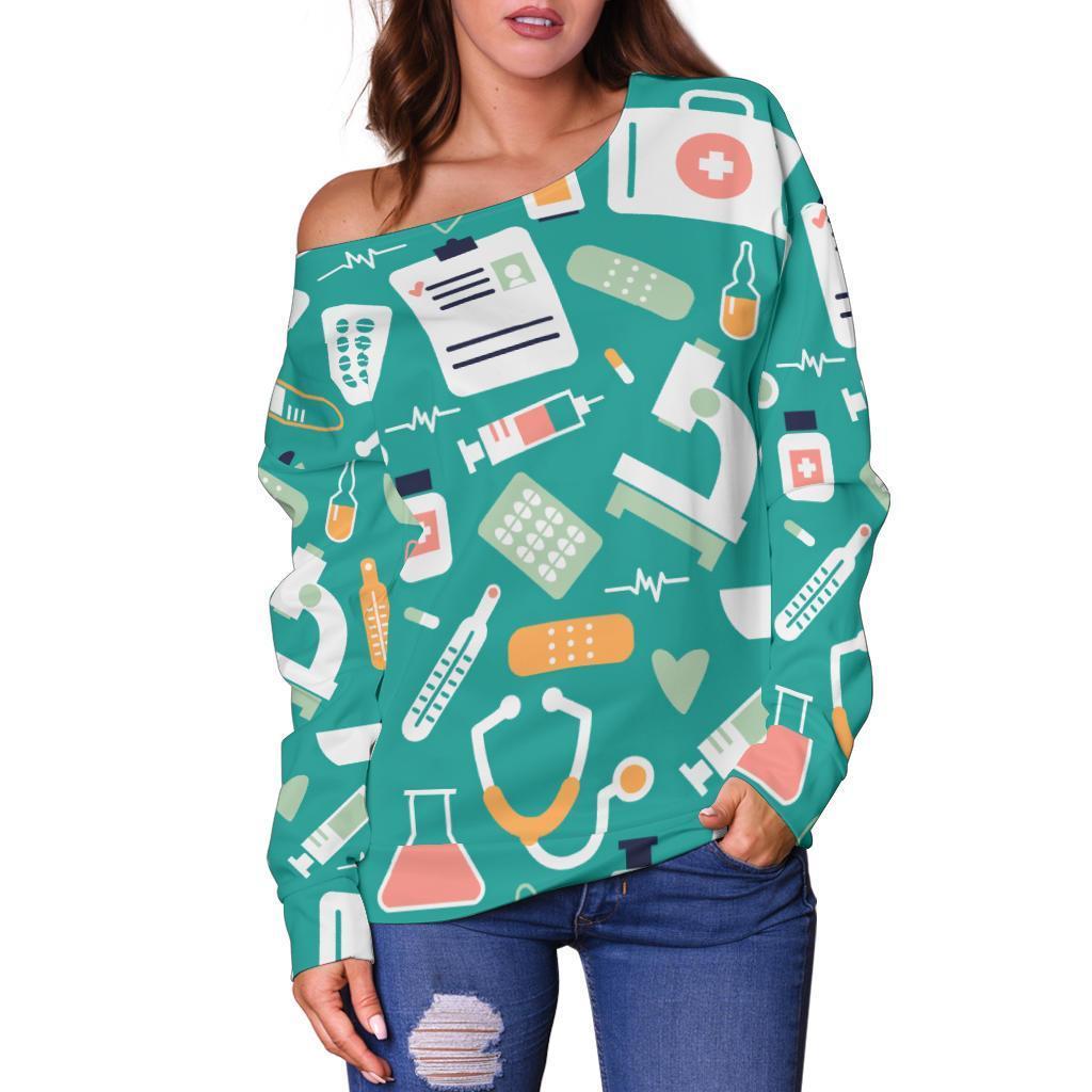 Nurse Pattern Print Women Off Shoulder Sweatshirt-grizzshop