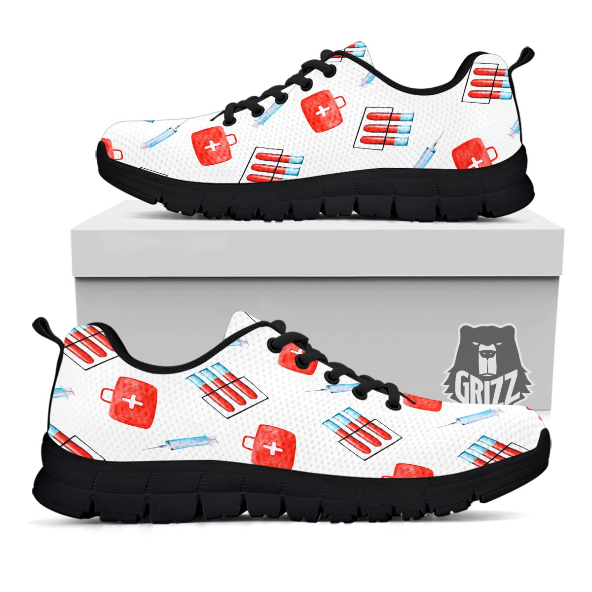 Nurse White And Red Print Pattern Black Sneaker-grizzshop