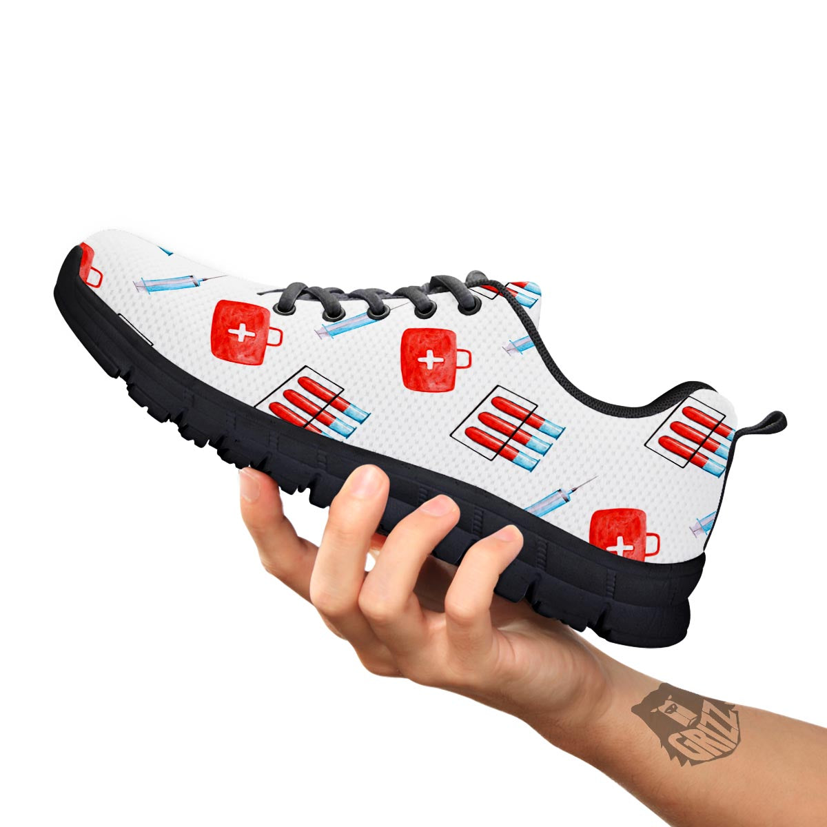 Nurse White And Red Print Pattern Black Sneaker-grizzshop