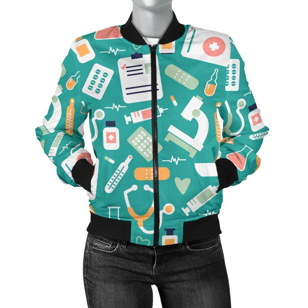 Nurse Pattern Print Women Casual Bomber Jacket-grizzshop