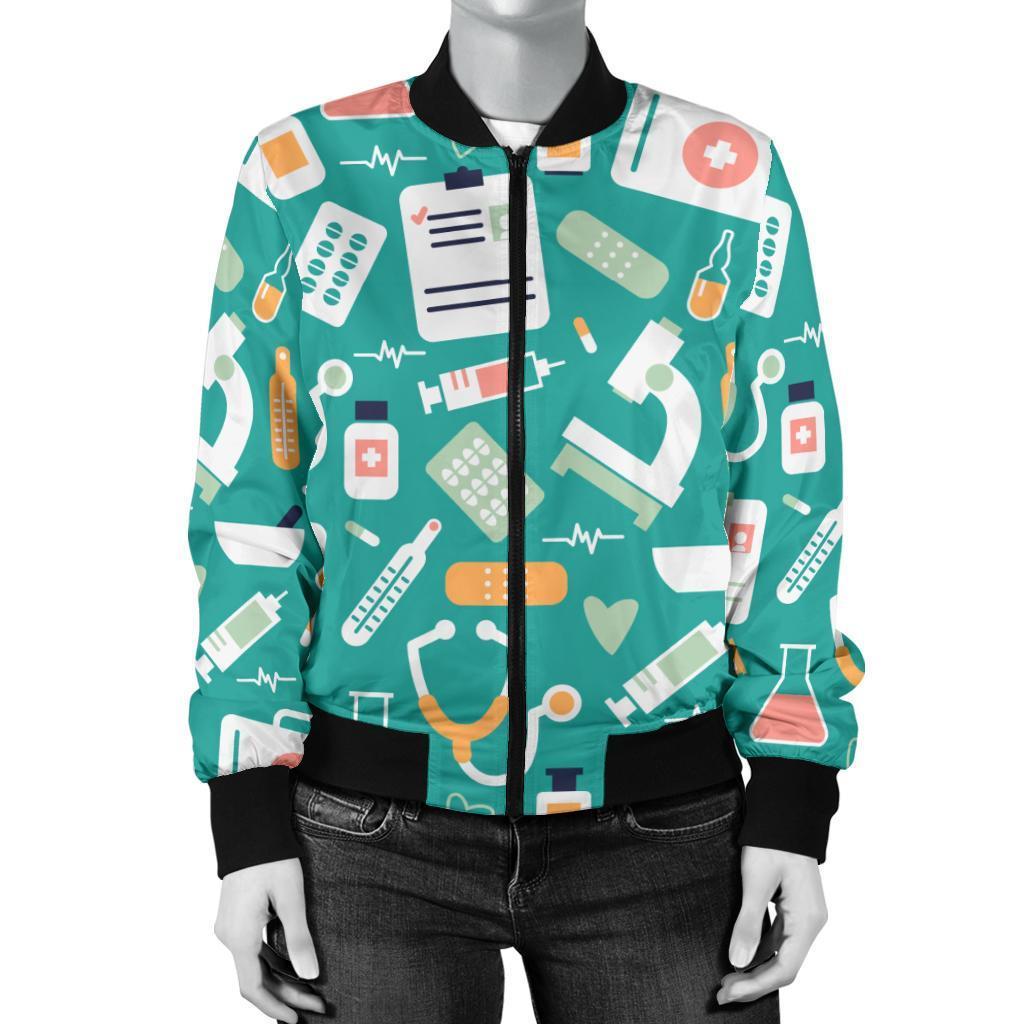 Nurse Pattern Print Women Casual Bomber Jacket-grizzshop