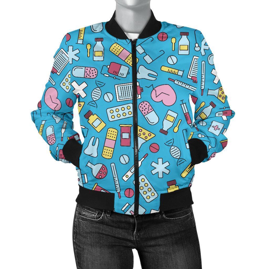Nurse Print Pattern Women Casual Bomber Jacket-grizzshop