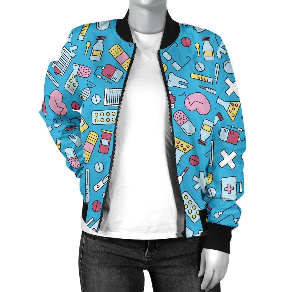 Nurse Print Pattern Women Casual Bomber Jacket-grizzshop