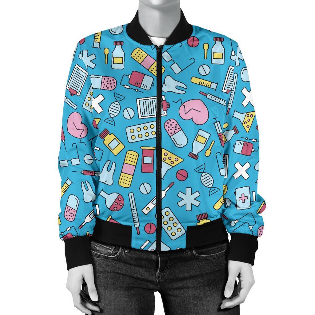 Nurse Print Pattern Women Casual Bomber Jacket-grizzshop