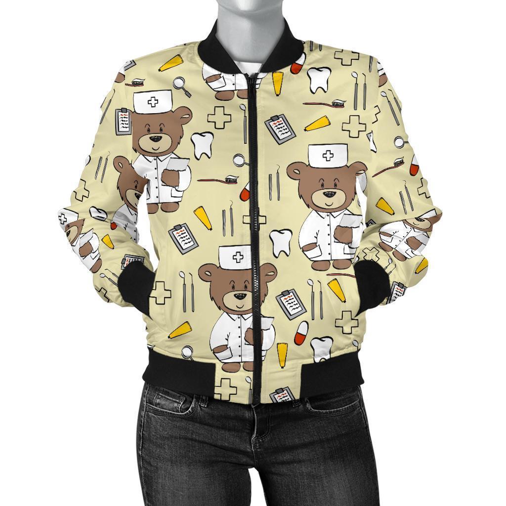 Nurse Teddy Bear Pattern Print Women Casual Bomber Jacket-grizzshop