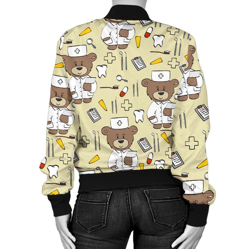 Nurse Teddy Bear Pattern Print Women Casual Bomber Jacket-grizzshop