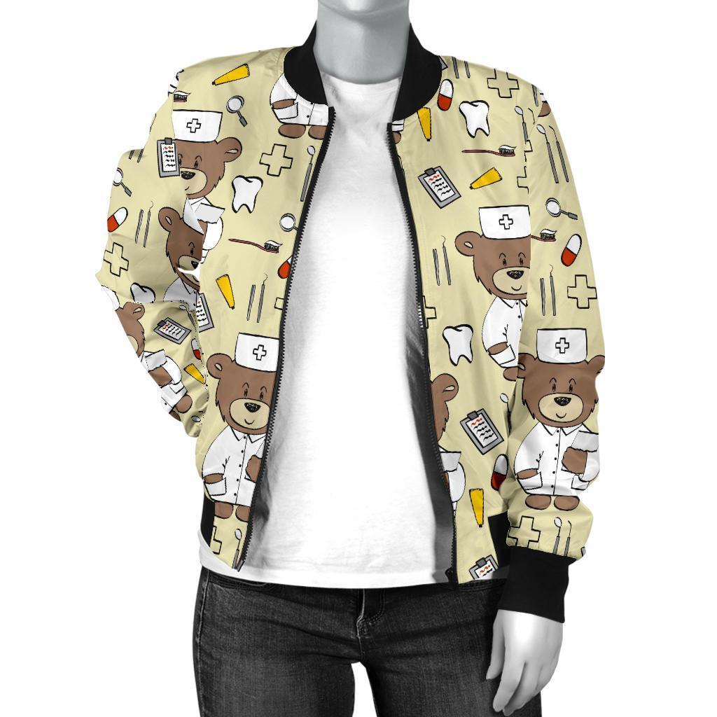 Nurse Teddy Bear Pattern Print Women Casual Bomber Jacket-grizzshop