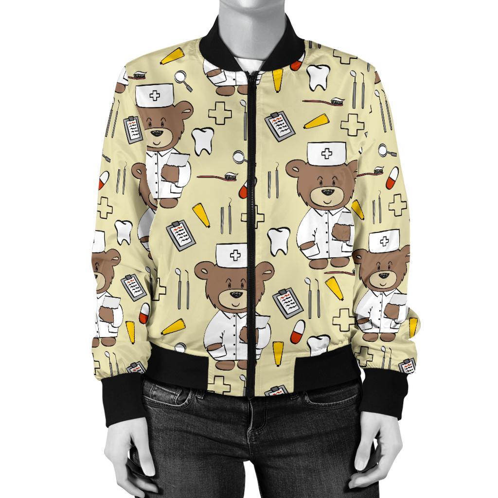Nurse Teddy Bear Pattern Print Women Casual Bomber Jacket-grizzshop