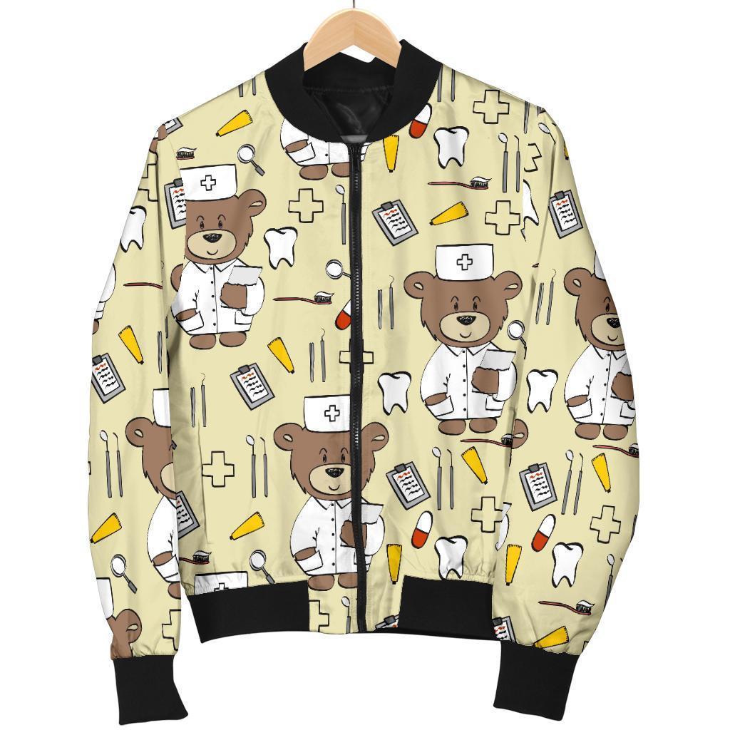 Nurse Teddy Bear Pattern Print Women Casual Bomber Jacket-grizzshop