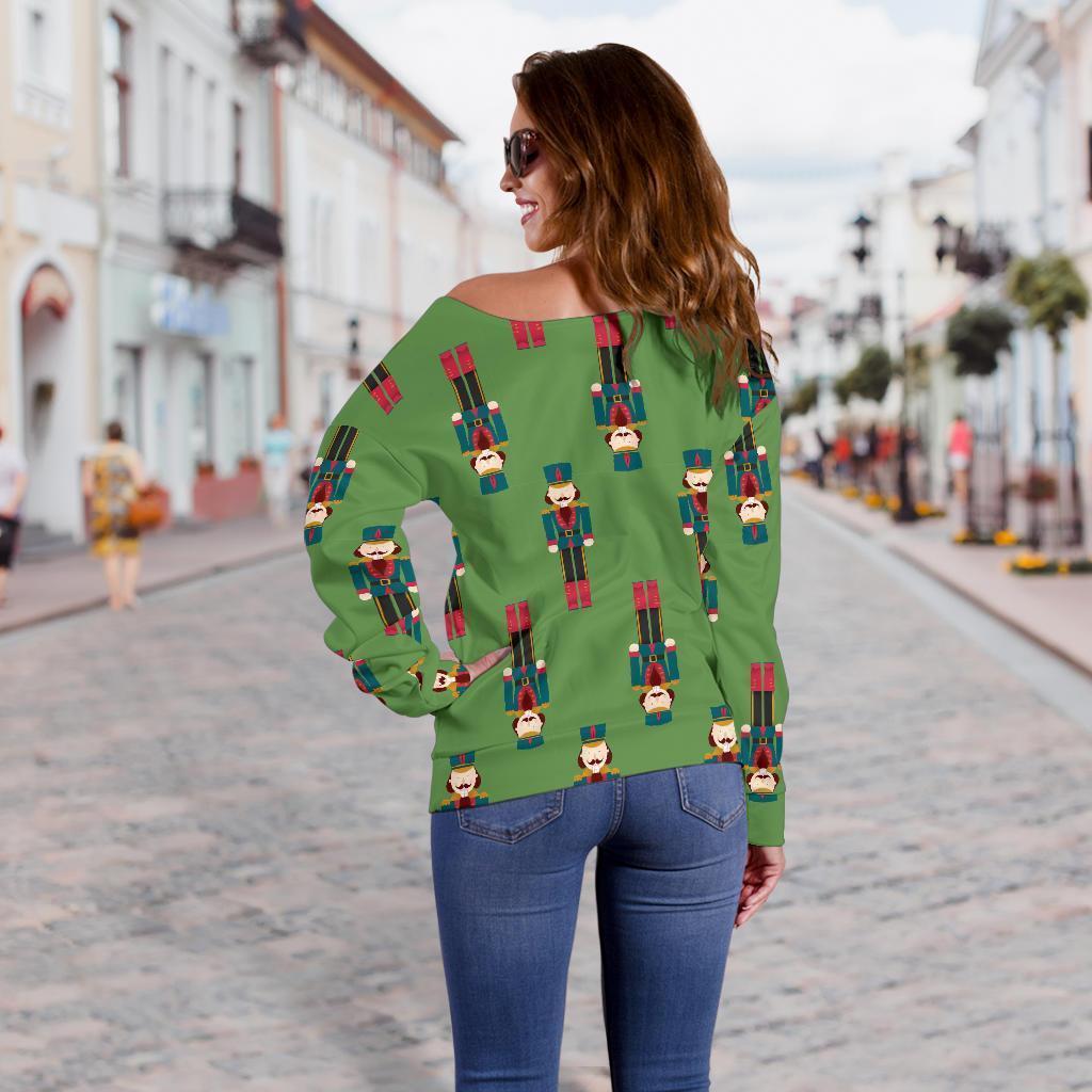 Nutcracker Green Pattern Print Women Off Shoulder Sweatshirt-grizzshop