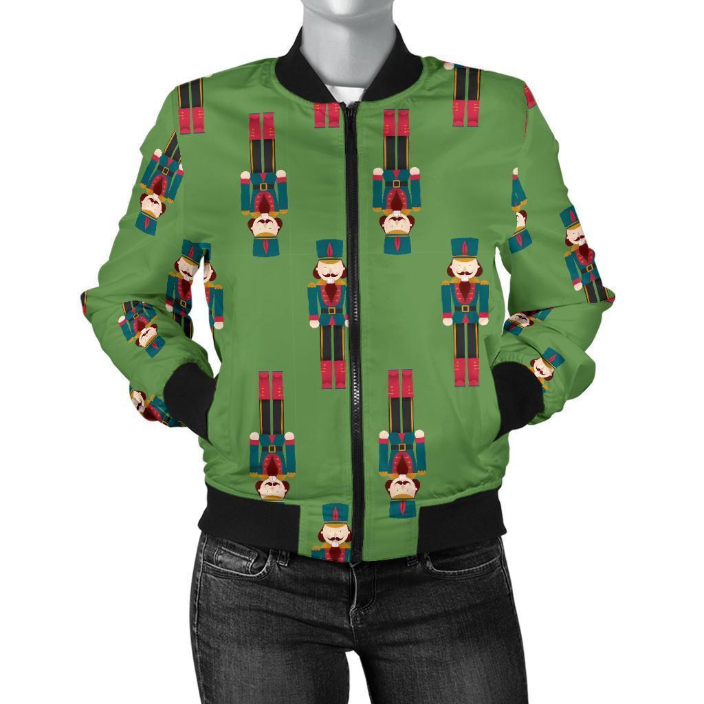 Nutcracker Green Pattern Print Women Casual Bomber Jacket-grizzshop