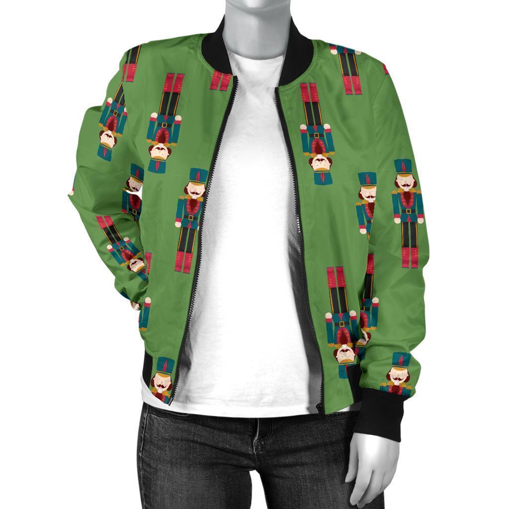 Nutcracker Green Pattern Print Women Casual Bomber Jacket-grizzshop