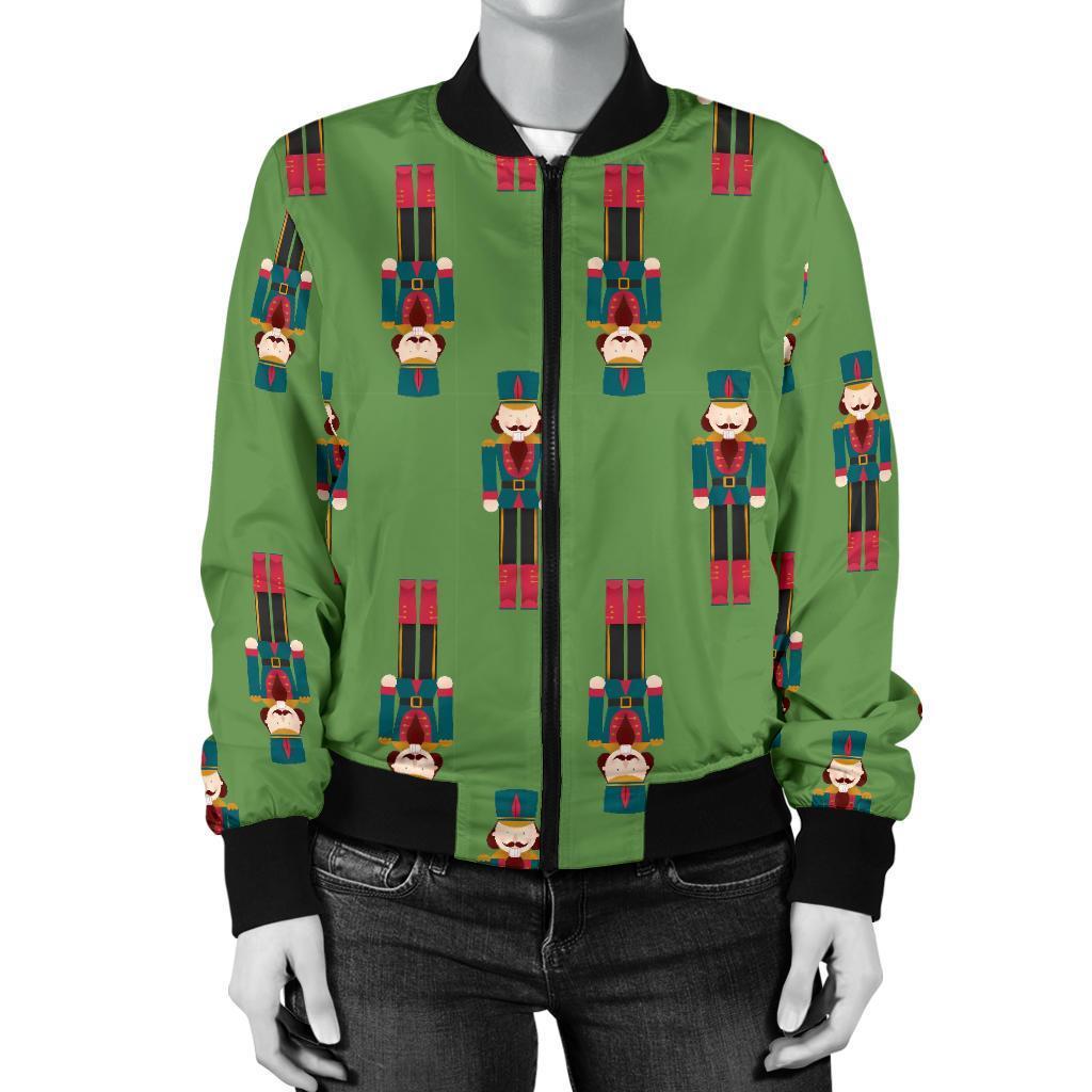 Nutcracker Green Pattern Print Women Casual Bomber Jacket-grizzshop