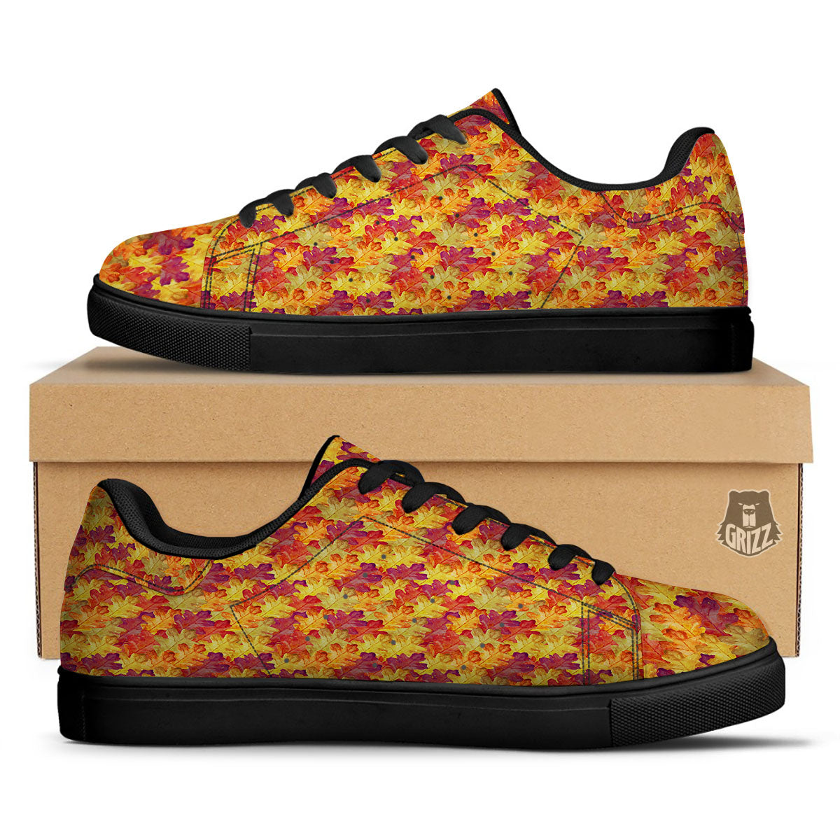 Oak Leaf Autumn Print Black Low Top Sneakers-grizzshop