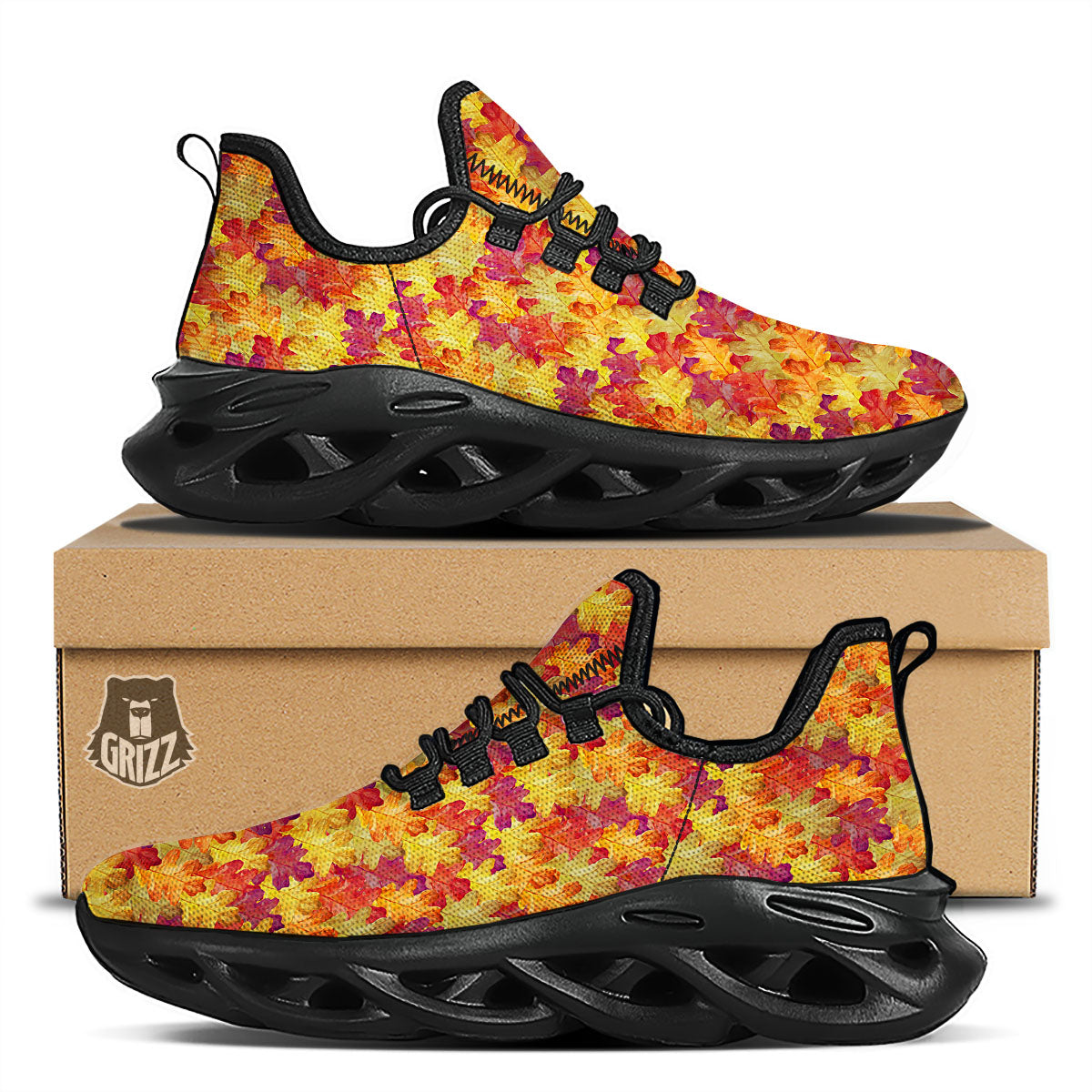 Oak Leaf Autumn Print Black Running Shoes-grizzshop