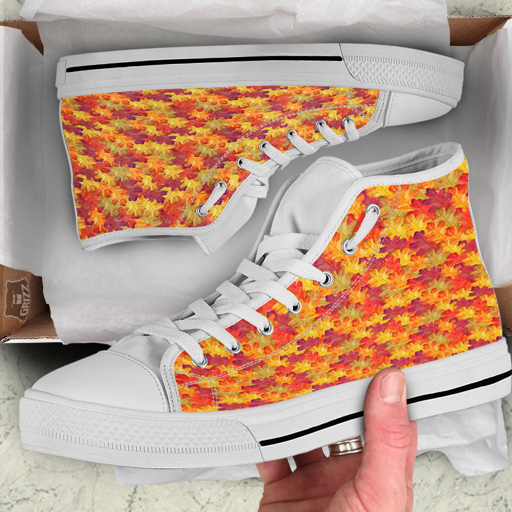 Oak Leaf Autumn Print White High Top Shoes-grizzshop